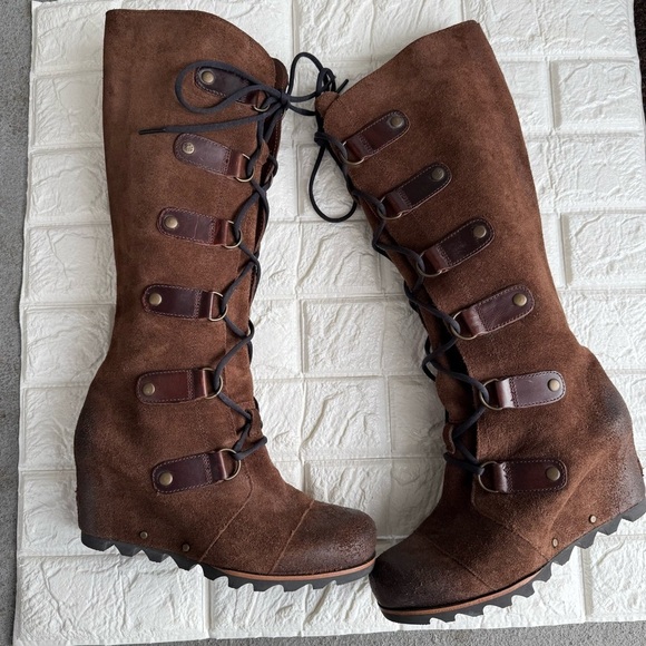 Sorel Joan Of Artic Tall Lace Up Wedge Boots Hawk Brown Suede Leather Size 8.5 - Picture 8 of 8